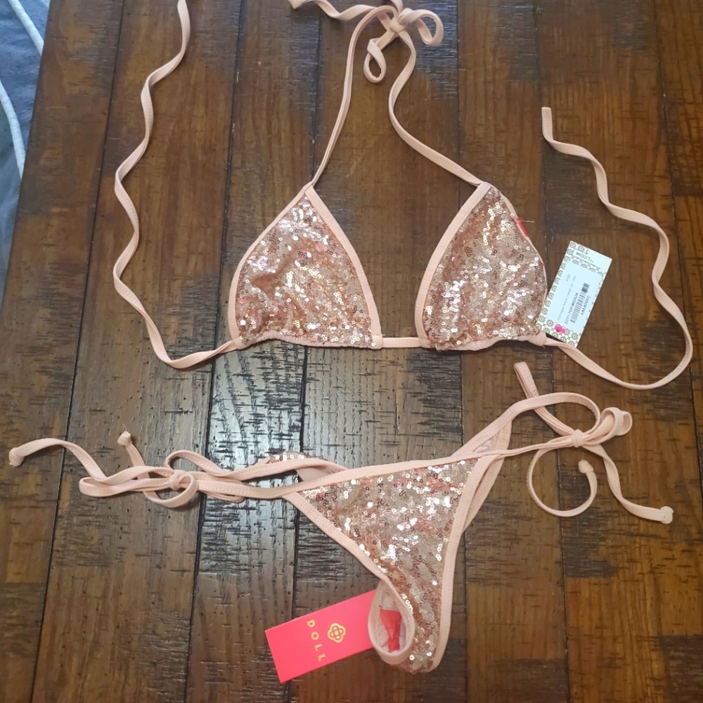 DOLL Vegas Champagne & Blush Sequin Bikini Top